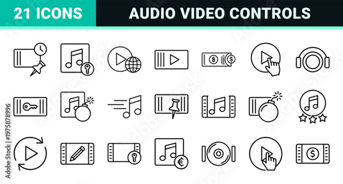 Minimalist audio and video media player outline icon set