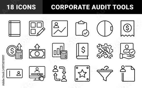 Minimalist accounts management and financial auditing line icons