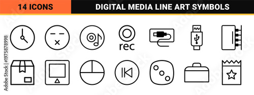 Minimalist audio and video media outline icon set