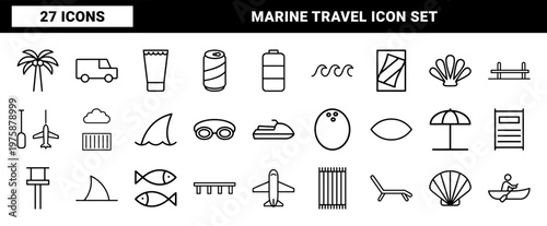 Ocean and beach line icon set for summer vacation and marine transport.