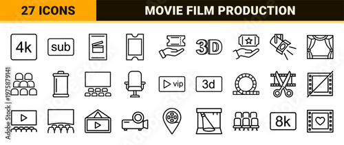 Minimalist cinema and movie industry line icon set for film production and media.