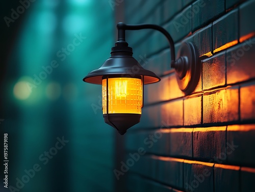 Illuminated brick wall with a vintage wall lantern providing warm ambiance
