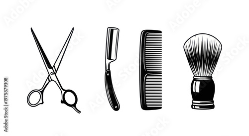 Vintage Barber Tools: Scissors, Straight Razor, Comb, Shaving Brush - Black and White