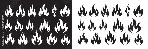 Flame silhouettes vector set, 90s retro style, motorcycle and hot rod design, old school tattoo flames, black and white outline, classic fire aesthetics