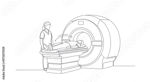 Medical MRI Scan Illustration: Patient on table inside machine with technician