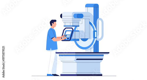 Medical Technology: Doctor Operating MRI Scanner for Patient Diagnosis
