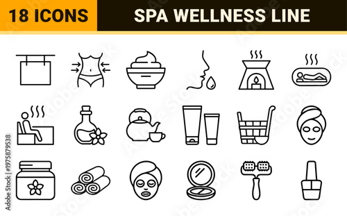 Minimalist beauty and spa line icons for wellness and self care