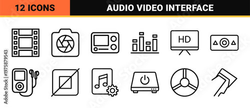 Minimalist audio and video line icons for media and entertainment software interface design.