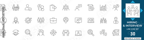 Hiring and interview line icon set featuring recruitment, job, search, talent, candidate, employee, and career. Professional editable vector illustration.