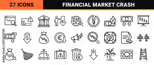 Minimalist economic crisis and financial recession outline icon set