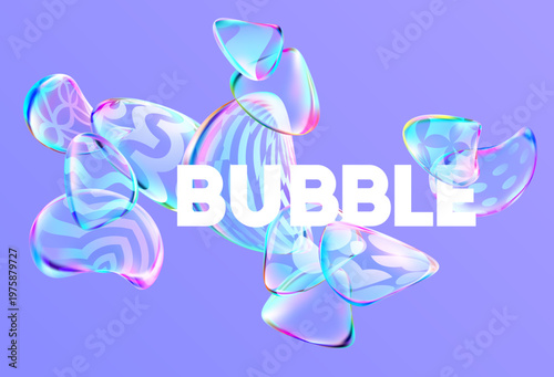 3D Iridescent glass bubbles . Abstract background of decoration fluid shapes. Liquid glass wallpaper.