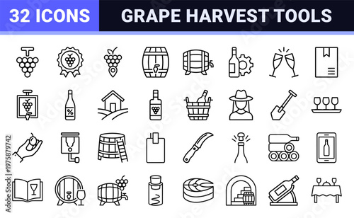 Wine production and sommelier thin line icon set
