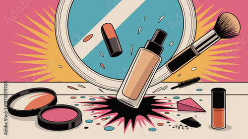 A chaotic vanity scene with spilled foundation, broken lipstick, and scattered makeup brushes, creating a colorful and dynamic beauty disaster