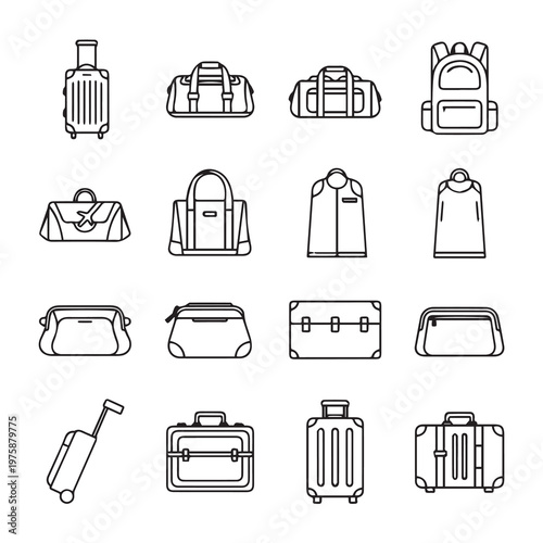 Collection of minimalist travel bags and luggage icons for modern branding and design