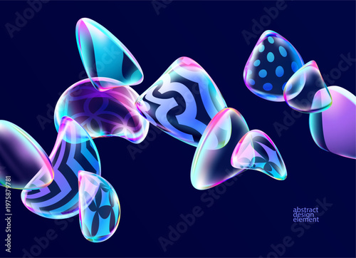 Abstract vector background of 3D Iridescent glass bubbles.  Transparent liquid shapes