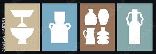 Hand-drawn placards with geometric minimalistic pottery. Minimalist clip art of modern interior decor. Ceramic banner set with pottery vases.