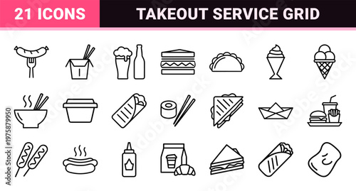 Minimalist fast food and takeout snack outline icon grid