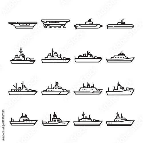 Collection of naval vessels and ships in a clean modern line art style