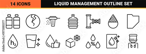 Hydration and water resource minimalist outline icon set