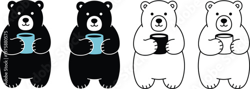 Cute cartoon bears holding mugs with hot drinks and steam black bear polar bear