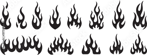 Flame silhouette vector set, classic style black fire shapes, old school tattoo flames, car flame designs, minimal stylish fire illustration