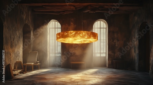 Mystical ambiance in an old room with a golden glowing circular chandelier