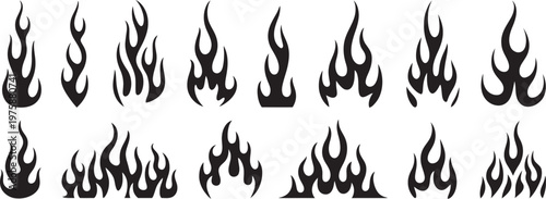 Flame silhouette vector set, classic style black fire shapes, old school tattoo flames, car flame designs, minimal stylish fire illustration