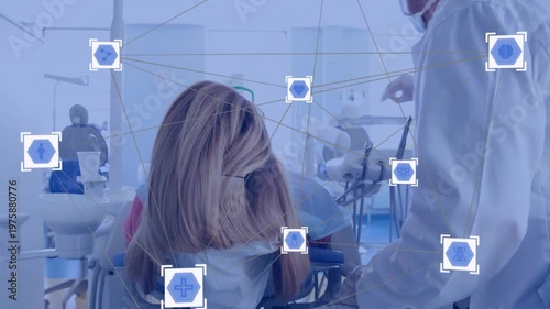 Medical icons and network connections over dentist treating patient in clinic