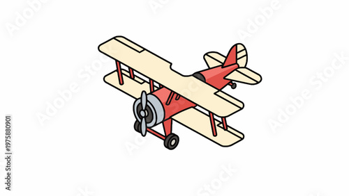 Vintage Red Biplane Isometric Illustration on White Background