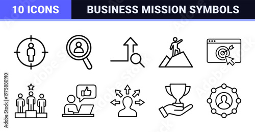 Business core values and mission minimalist outline icon set