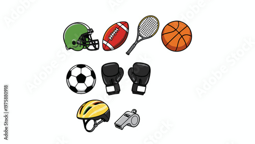 Sports Equipment Icon Set with Balls Helmets and Racket