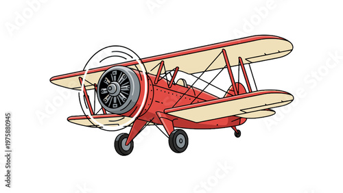 Vintage Red Biplane Illustration Flying on White Background