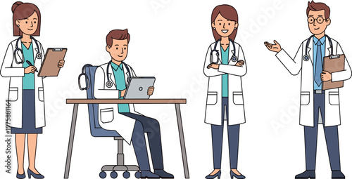 Medical Professionals Vector Set Featuring Doctors in Lab Coats Using Tablets, Clipboards, and Engaging with Patients for Healthcare, Clinic, and Professional Designs