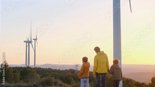 Fotografie Family observing large wind turbines on a hill at sunset, symbolizing a commitme