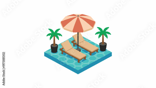 Isometric Beach Lounge with Deck Chairs and Sun Umbrella on Tiles