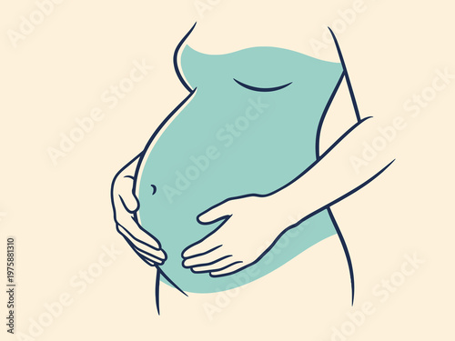 Pregnant woman holding belly minimalist line art illustration