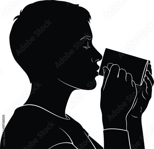 Silhouette of a person smelling a small rectangular object vector illustration