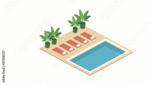 Isometric swimming pool with lounge mats and plants on wooden deck