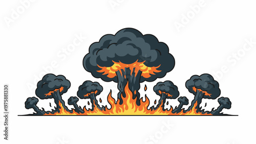 Cartoon Explosion Mushroom Clouds with Fire on White Background