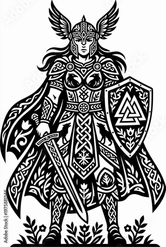 Tribal Valkyrie Viking Warrior Woman Vector. Detailed Norse Goddess with Shield and Sword Illustration for Apparel Design, Mascot Logo, and Mythological Graphic Branding