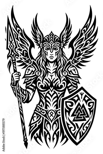 Tribal Valkyrie Viking Warrior Woman Vector. Detailed Norse Goddess with Shield Illustration for Apparel Design, Mascot Logo, and Mythological Graphic Branding