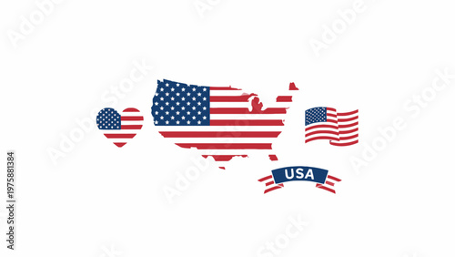 USA Map and Heart Icons with American Flag Pattern on White Background