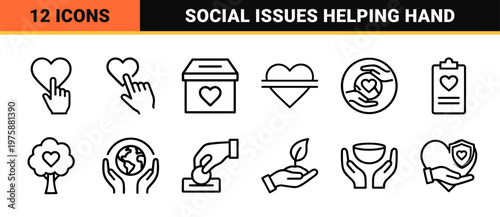 Charity and volunteering minimalist line icon set for non-profit and community support.