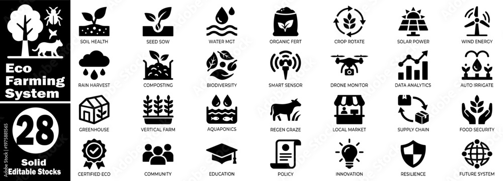 Obraz premium Eco farming system icons with diverse agricultural concepts and technologies.