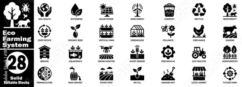 Eco farming system glyph icons, solid editable stocks collection.
