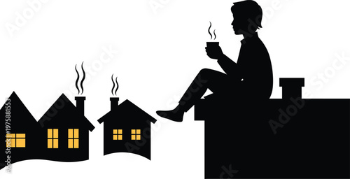 Silhouette of Person on Rooftop Overlooking Snowy Village untitled vector