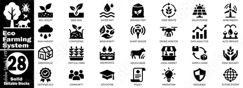 Eco farming system icons with diverse agricultural concepts and technologies.
