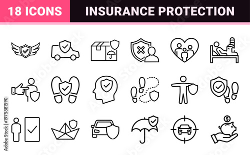 Insurance and risk management outline icon set for business and finance