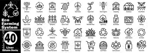 Linear eco farming icons showcasing innovation and sustainable agriculture concepts.