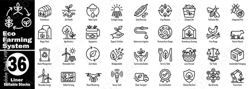 Eco farming system icons for sustainable agriculture and modern farming methods.